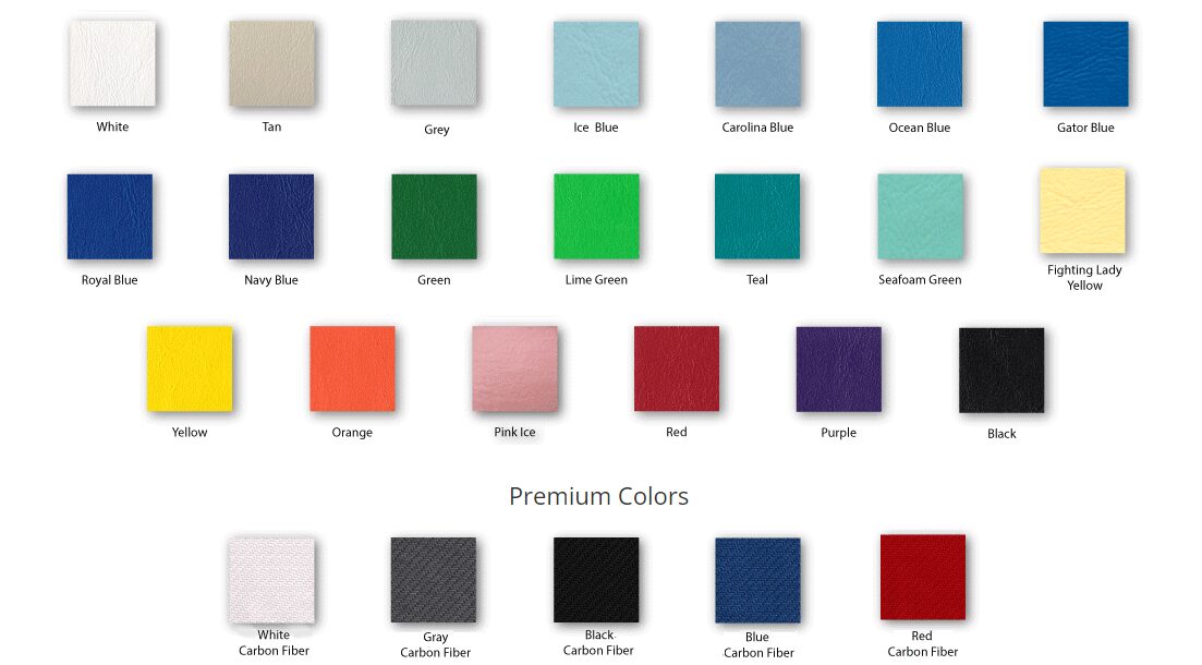 as a boat owner, i see a color chart of marine bean bag swatches in standard and premium shades, plus carbon fiber textures. marine bean bag