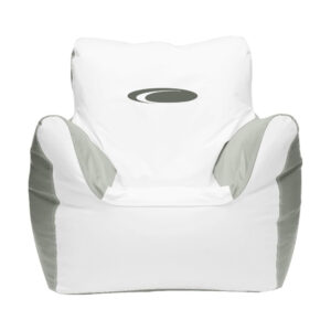 As a boat owner, I see this white armchair with gray accents and an oval logo as ideal marine bean bag seating for my vessel. marine bean bag