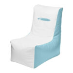 Premium Ocean-Tamer marine bean bag chair, white front, light blue sides, ideal for boats; features blue oval logo on upper backrest. marine bean bag