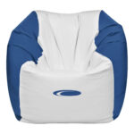 Blue and white waterproof marine bean bag chair with front oval logo, designed for boat owners seeking comfort and durability. marine bean bag