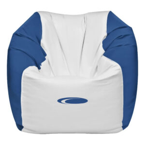 Blue and white waterproof marine bean bag chair with front oval logo, designed for boat owners seeking comfort and durability. marine bean bag