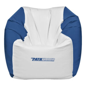 Blue and white waterproof bean bag chair with "PATHFINDER" on the front, offering a wide, comfy seat ideal for boats. marine bean bag